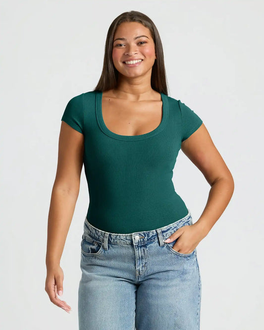 Womens Deep Emerald Ribbed U-Neck Tee